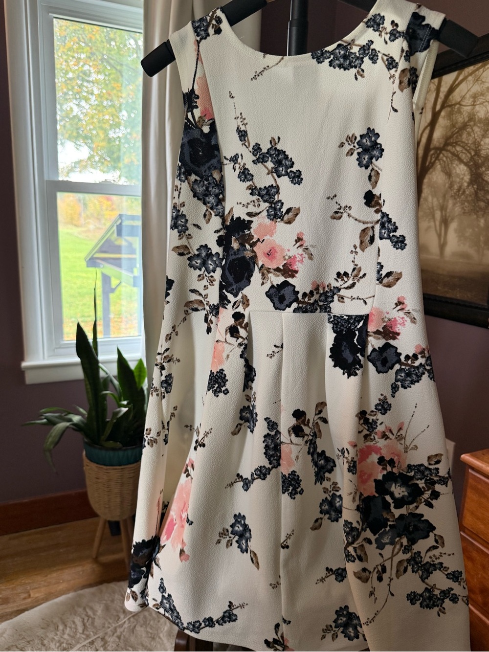 Source Unknown Cream Midi Dress with Pink & Navy Floral Print